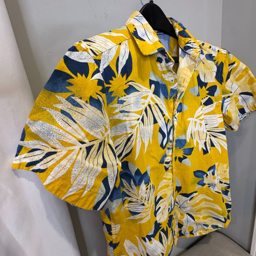 Denim & Flower Hawaiian Shirt Mens M Yellow Blue Floral Tropical - Picture 2 of 7